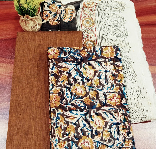 Handmade Pure Cotton Kalamkari Salwar Suits with South Cotton Dupatta - Leheriya