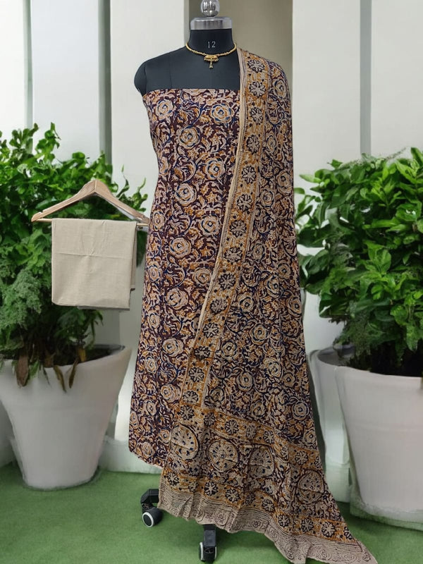 Handmade Pure Cotton Kalamkari Salwar Suits with South Cotton Dupatta - Leheriya