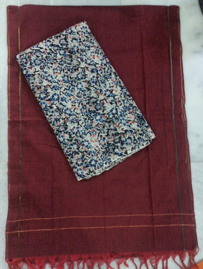 Handmade Pure Cotton Kalamkari Salwar Suits with South Cotton Plain Dupatta - Leheriya