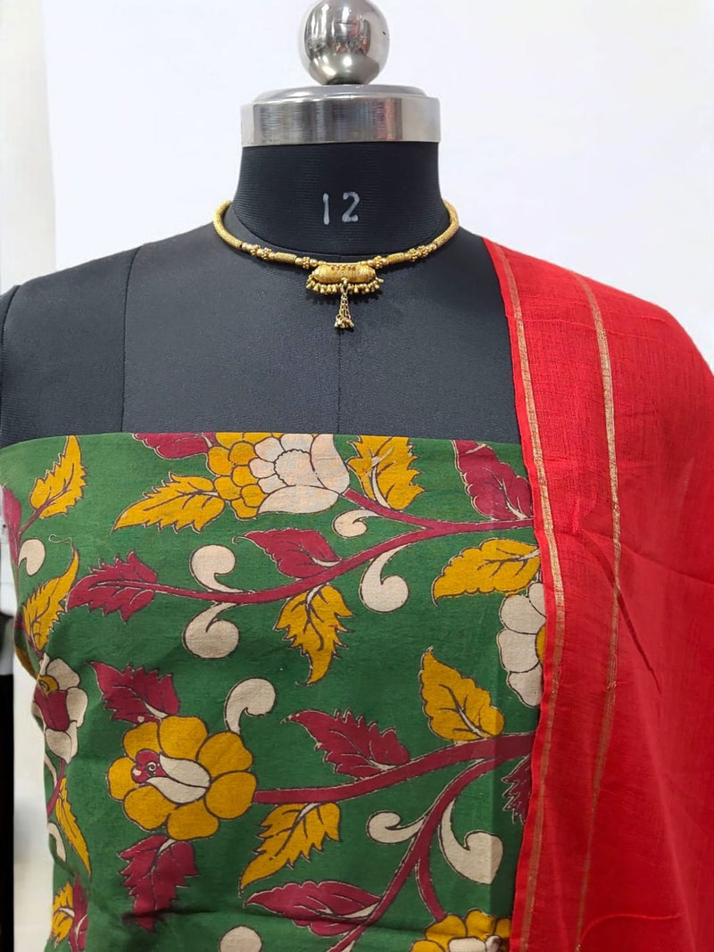 Handmade Pure Cotton Kalamkari Suit with 3pc Unstitched Plain South Cotton Dupatta - Leheriya