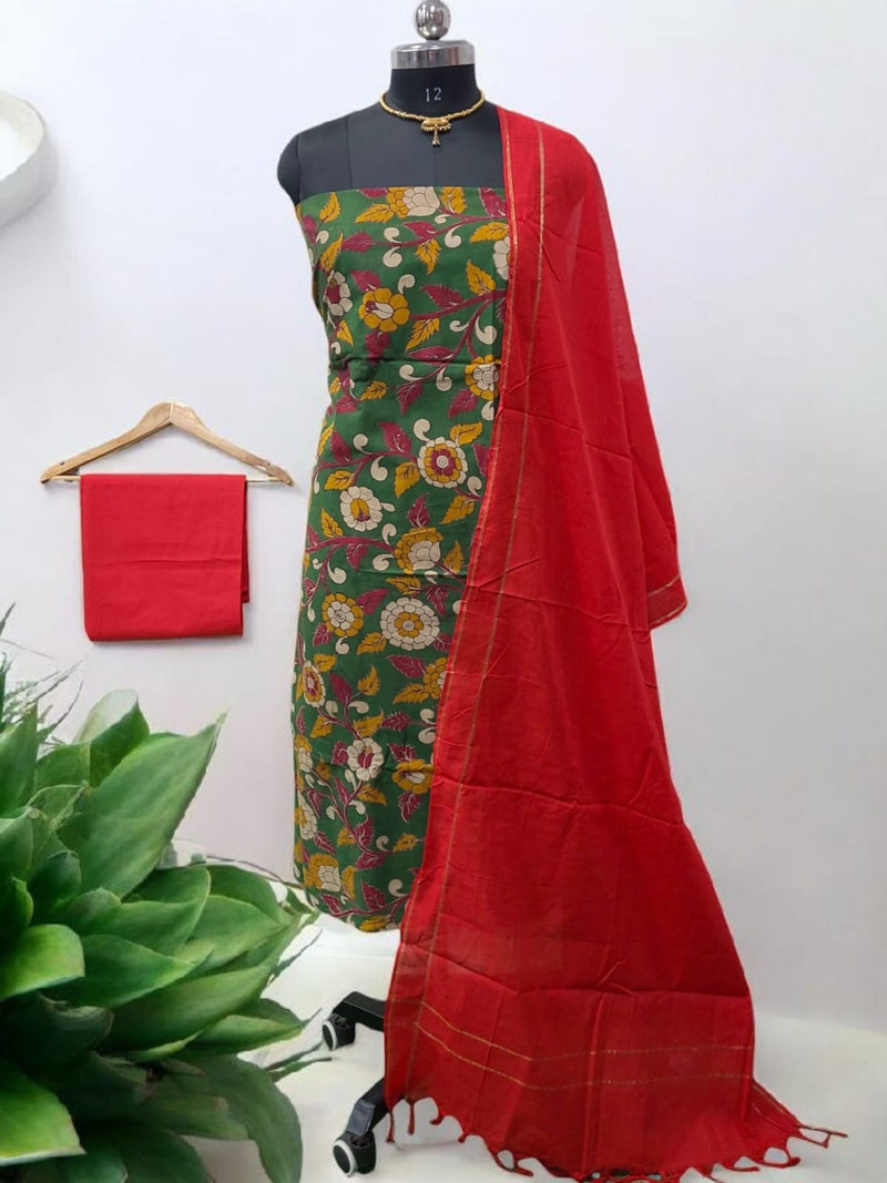 Handmade Pure Cotton Kalamkari Suit with 3pc Unstitched Plain South Cotton Dupatta - Leheriya