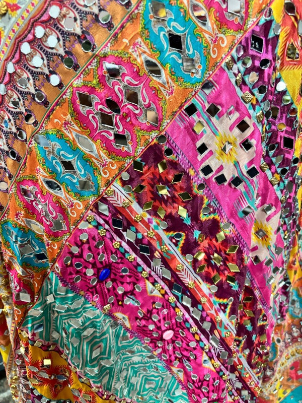 Heavy Chinon Pakistani Dupatta with Golden Border and Real Mirror Work - Design 9 - Leheriya