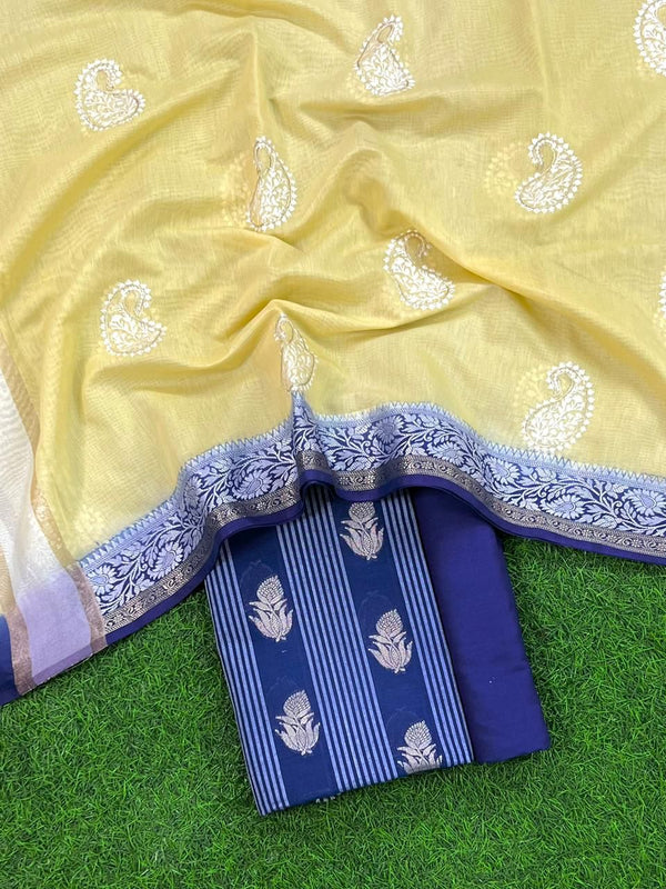 Banarasi Chanderi Salwar Suit With Contrast Dupatta | Lapis Blue |