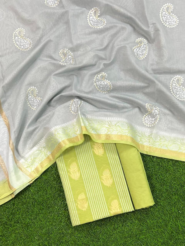 Banarasi Chanderi Salwar Suit With Contrast Dupatta | Greenish Beige |