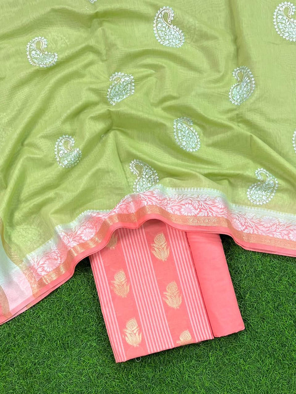 Banarasi Chanderi Salwar Suit With Contrast Dupatta | Coral Pink |