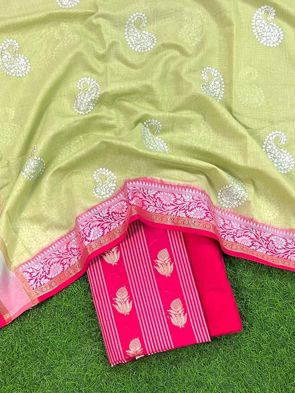 Banarasi Chanderi Salwar Suit With Contrast Dupatta | Pink Red |