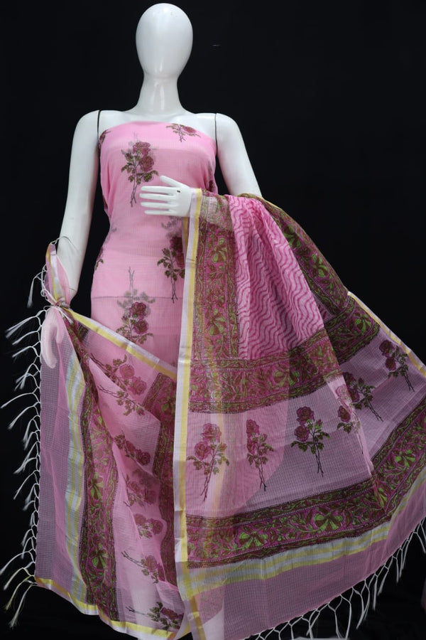 Floral Print Kota Doria Salwar Suit | Pink |