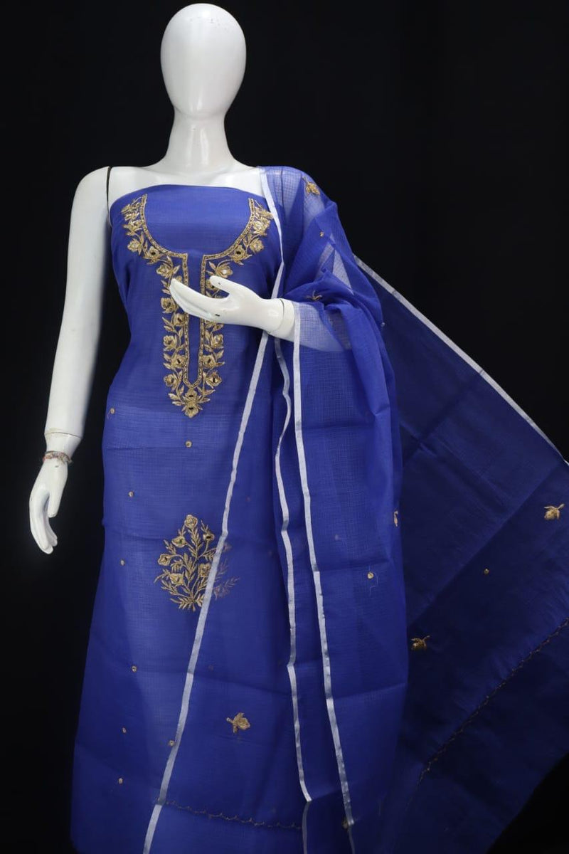 Kota cotton 3pc  Embroidery work Dress material  | Slate Blue |