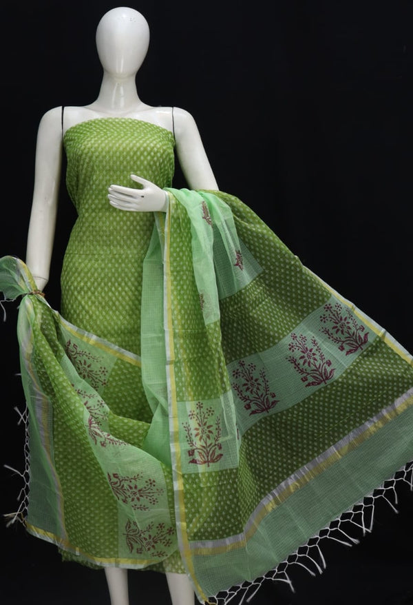 Block Printed Kota Doria Salwar Suit | Green |