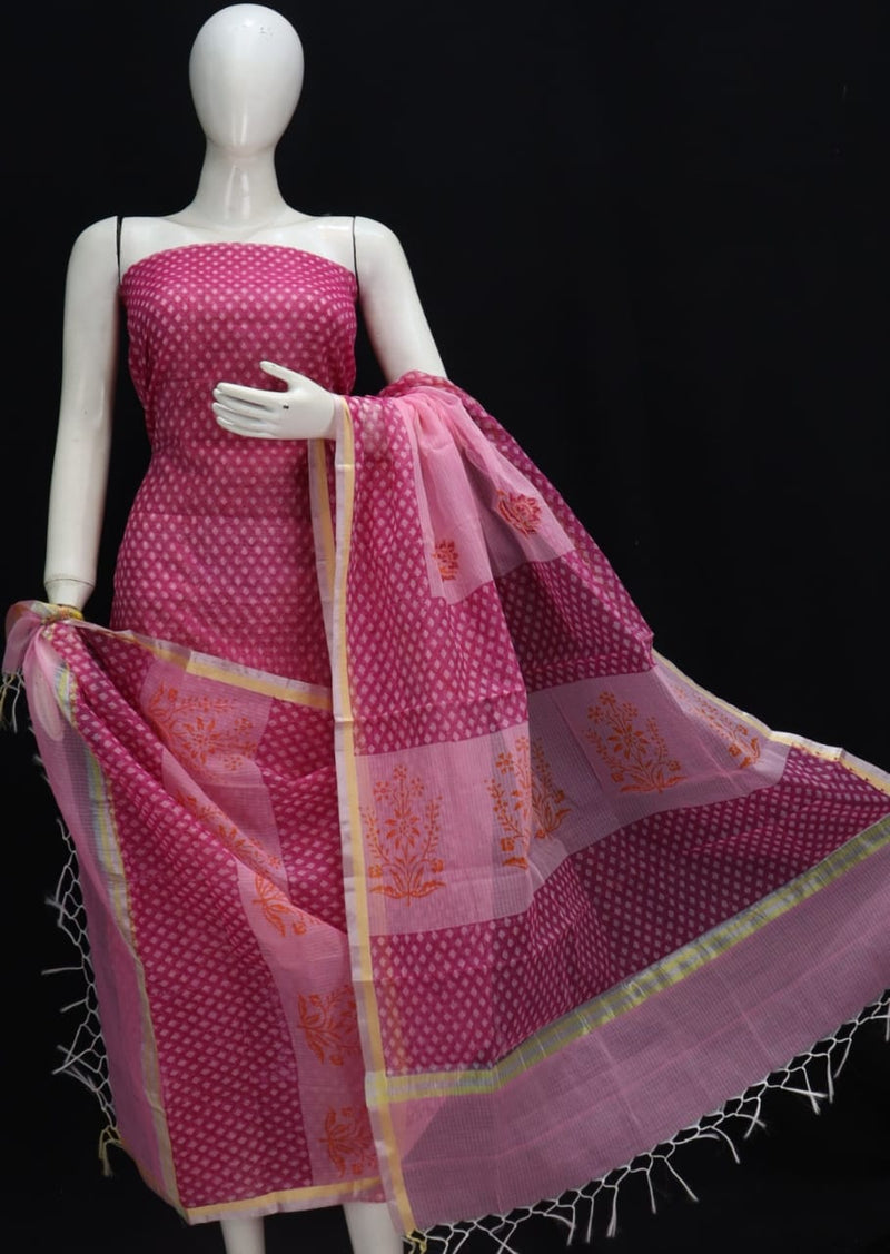 Block Printed Kota Doria Salwar Suit | Pink |