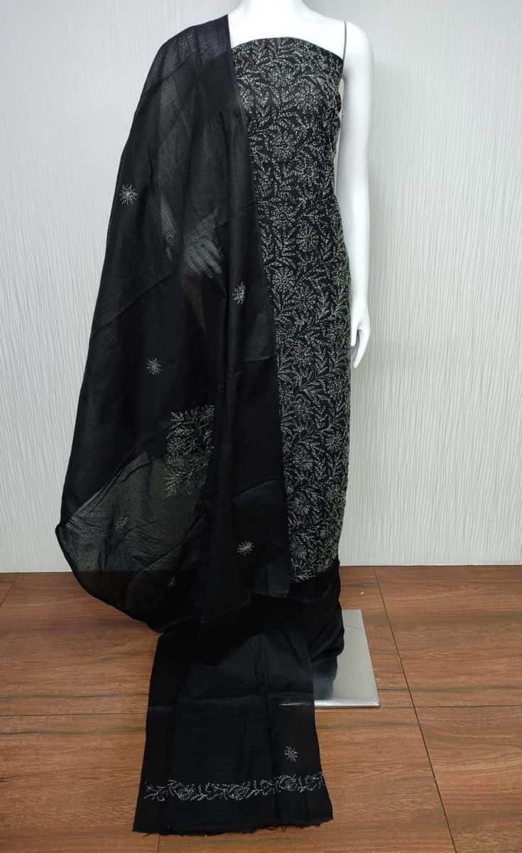 Katan Slub Salwar Suit with Tepchi Machine Embroidery Work - Leheriya