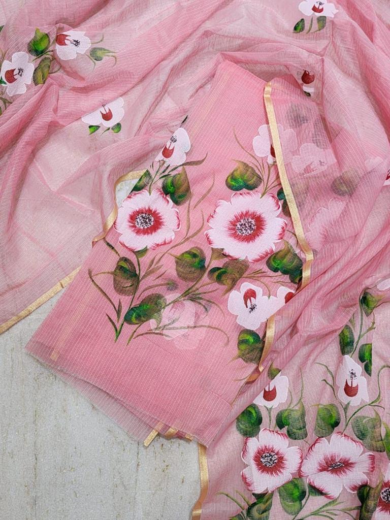 Hand Painted Kota Doria Salwar Suit | Sea Pink |