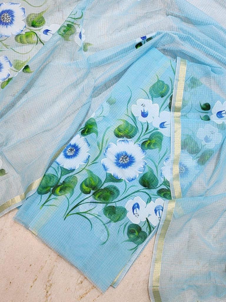 Hand Painted Kota Doria Salwar Suit | Carolina Blue |
