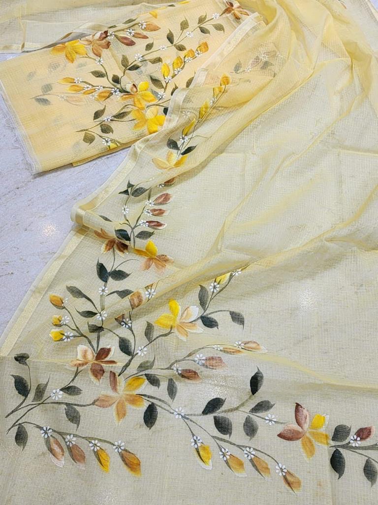 Hand Painted Kota Doria Salwar Suit | Pastel Yellow  |