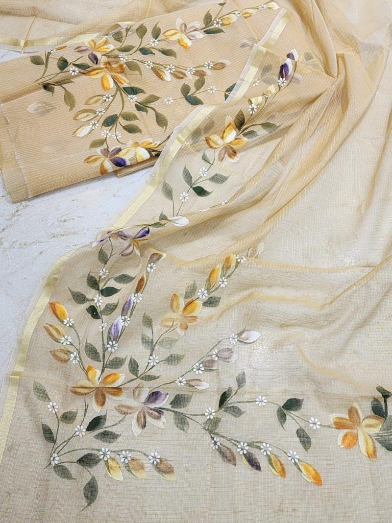 Hand Painted Kota Doria Salwar Suit | Vanilla Brown  |
