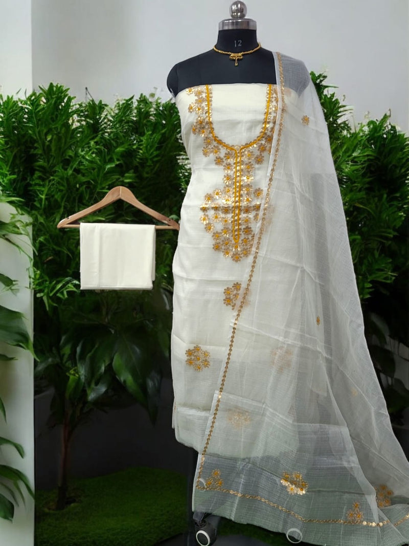 Kota Doria 3 pc Gota Work Salwar Suit - Milky White Color - Leheriya