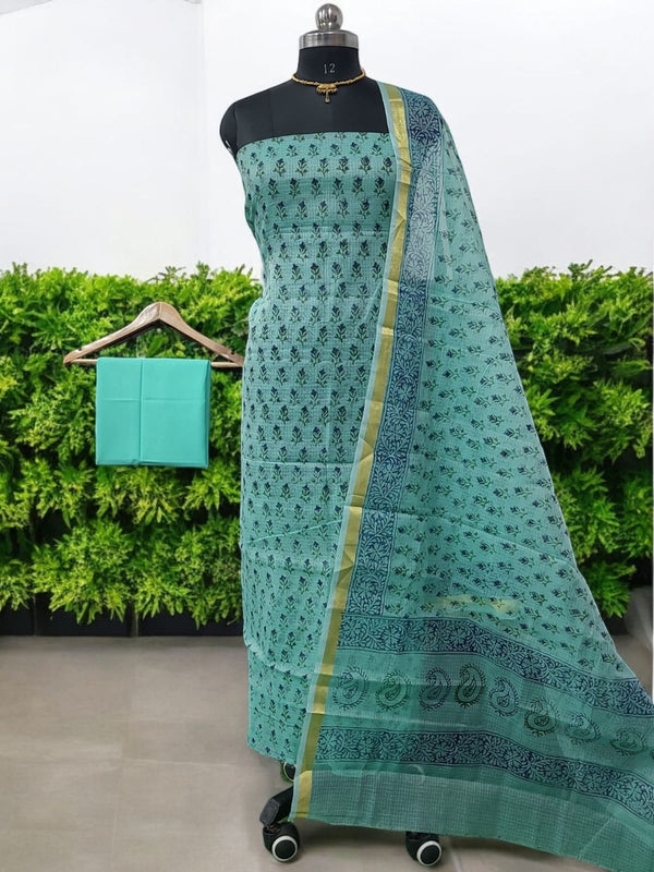 Kota Doria 3 pc Hand Block Print Salwar Suit - Leheriya
