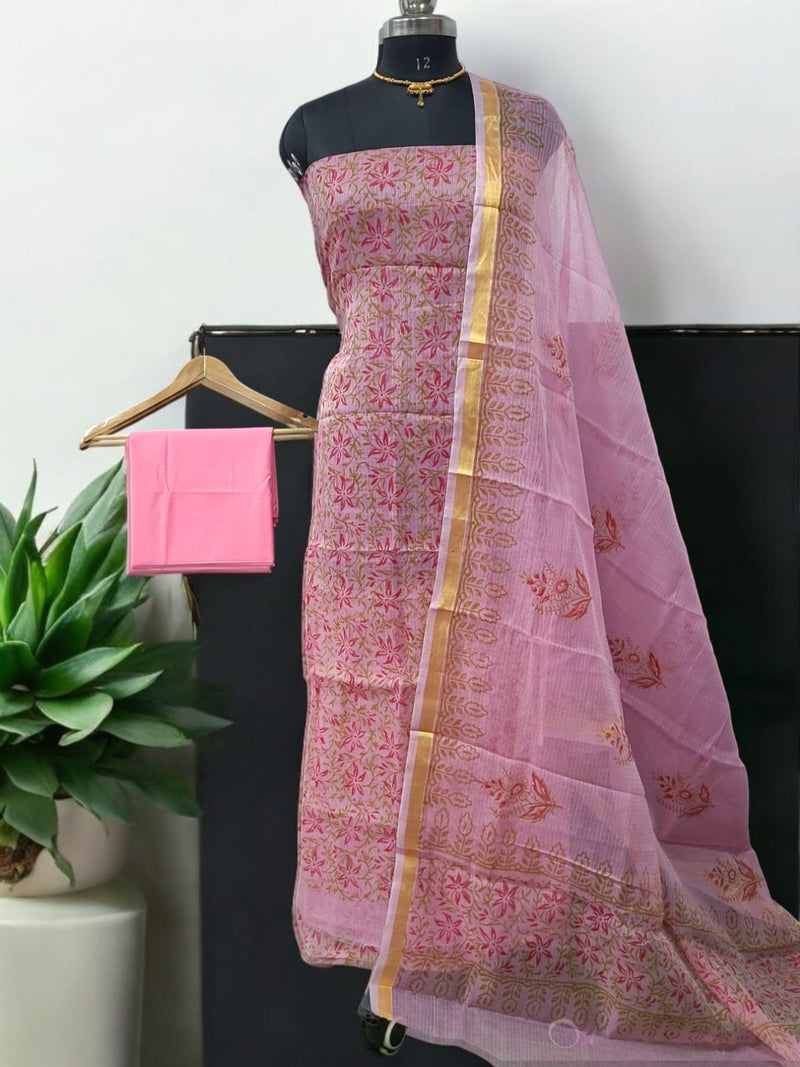 Kota Doria 3 pc Hand Block Print Salwar Suit - Leheriya