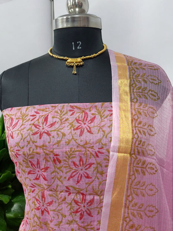 Kota Doria 3 pc Hand Block Print Salwar Suit - Leheriya