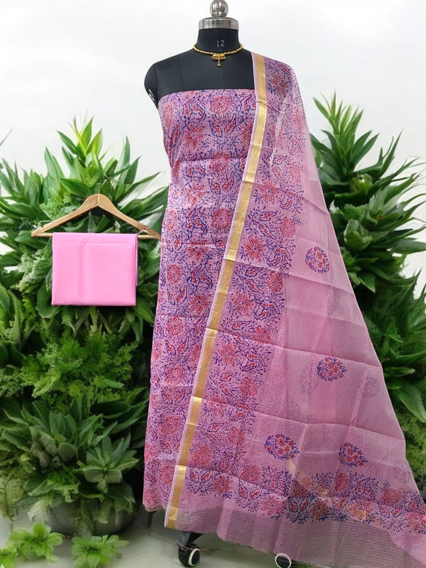 Kota Doria 3 pc Hand Block Print Salwar Suit - Leheriya