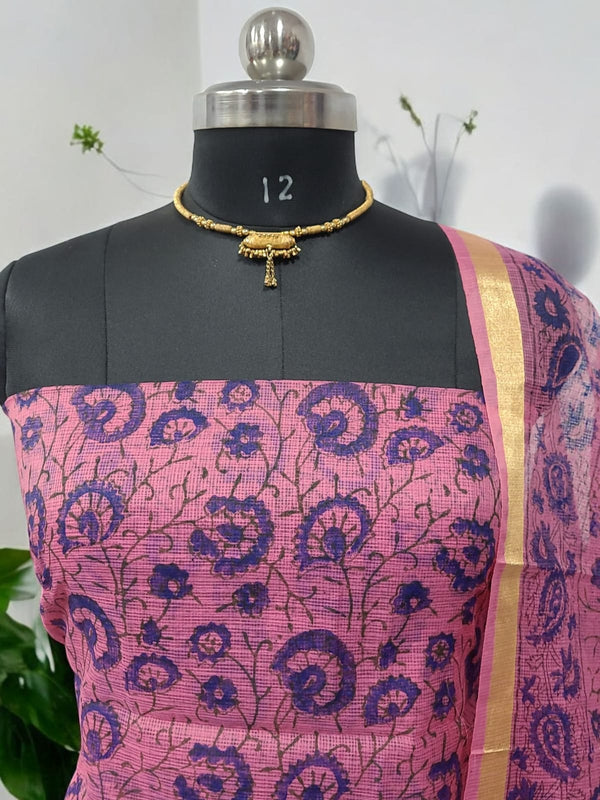 Kota Doria 3 pc Hand Block Print Salwar Suit - Leheriya