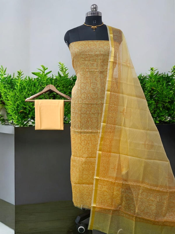 Kota Doria 3 pc Hand Block Print Salwar Suit - Leheriya