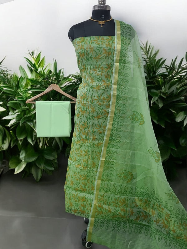 Kota Doria 3 pc Hand Block Print Salwar Suit - Leheriya