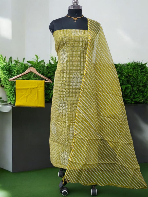 Kota Doria 3 pc Hand Block Print Salwar Suit - Leheriya