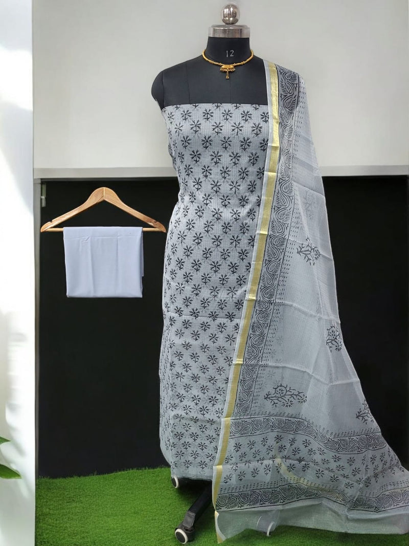 Kota Doria 3 pc Hand Block Print Salwar Suit - Leheriya