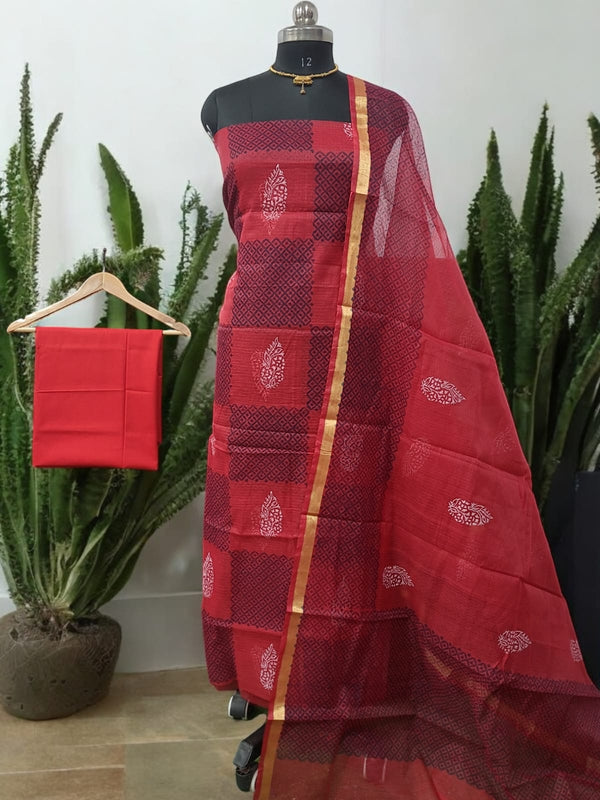 Kota Doria 3 pc Hand Block Print Salwar Suit - Leheriya