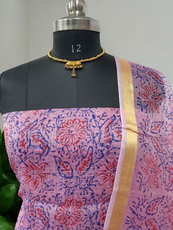 Kota Doria 3 pc Hand Block Print Salwar Suit - Leheriya