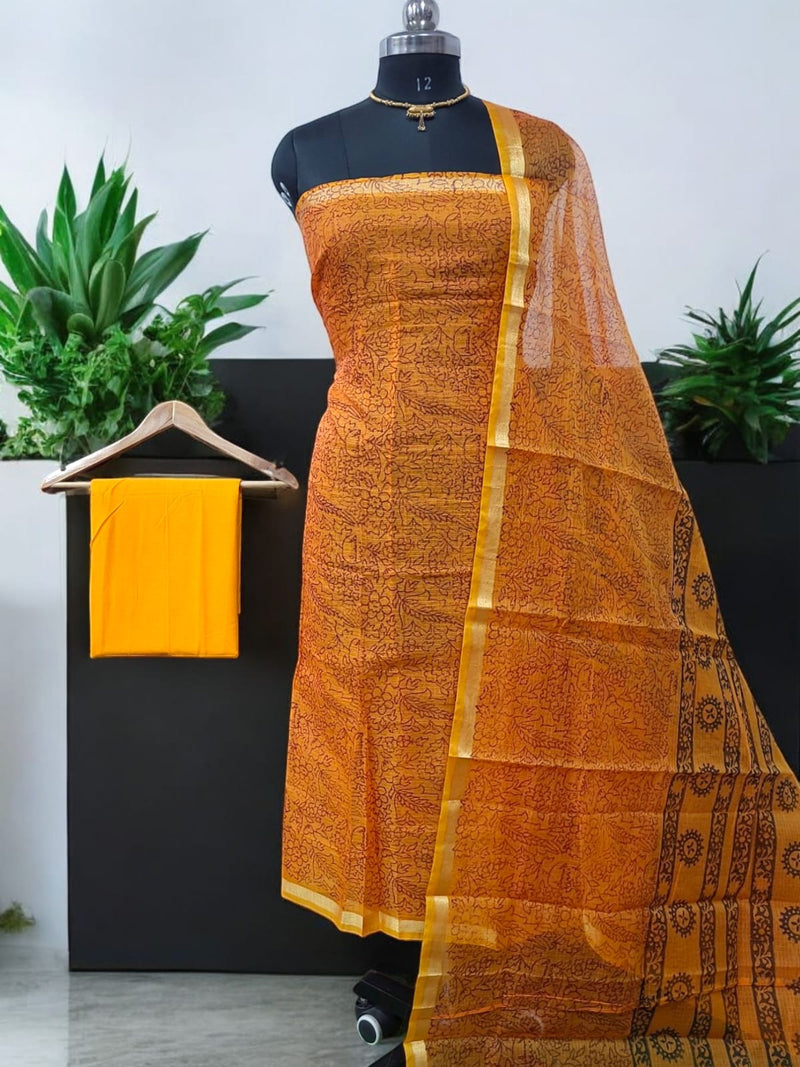 Kota Doria 3 pc Hand Block Print Salwar Suit - Leheriya
