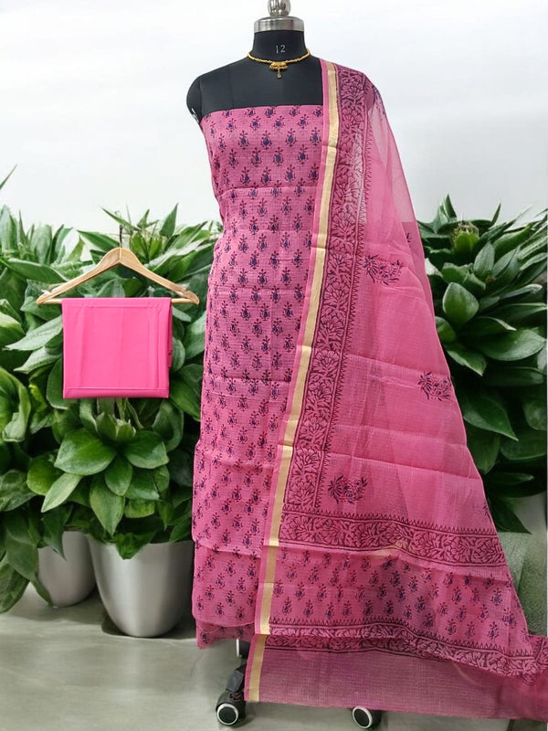 Kota Doria 3 pc Hand Block Print Salwar Suit - Leheriya