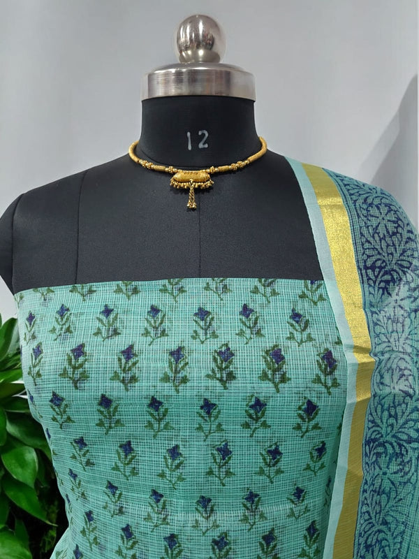 Kota Doria 3 pc Hand Block Print Salwar Suit - Leheriya