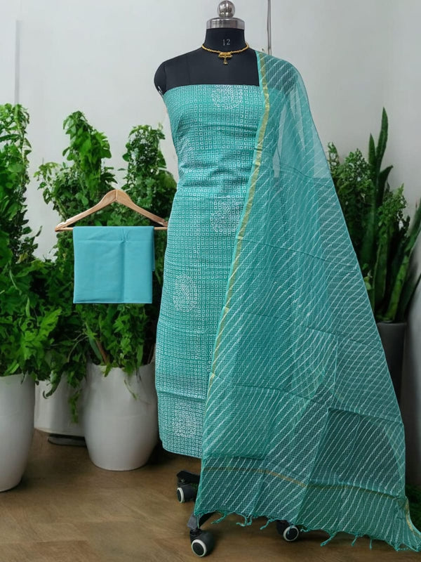 Kota Doria 3 pc Hand Block Print Salwar Suit - Leheriya