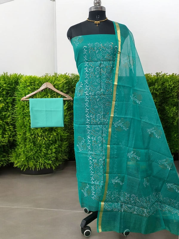Kota Doria 3 pc Hand Block Print Salwar Suit - Leheriya