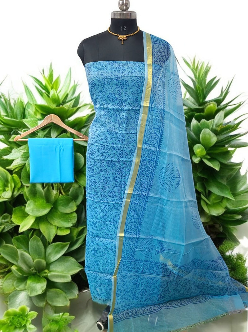 Kota Doria 3 pc Hand Block Print Salwar Suit - Leheriya