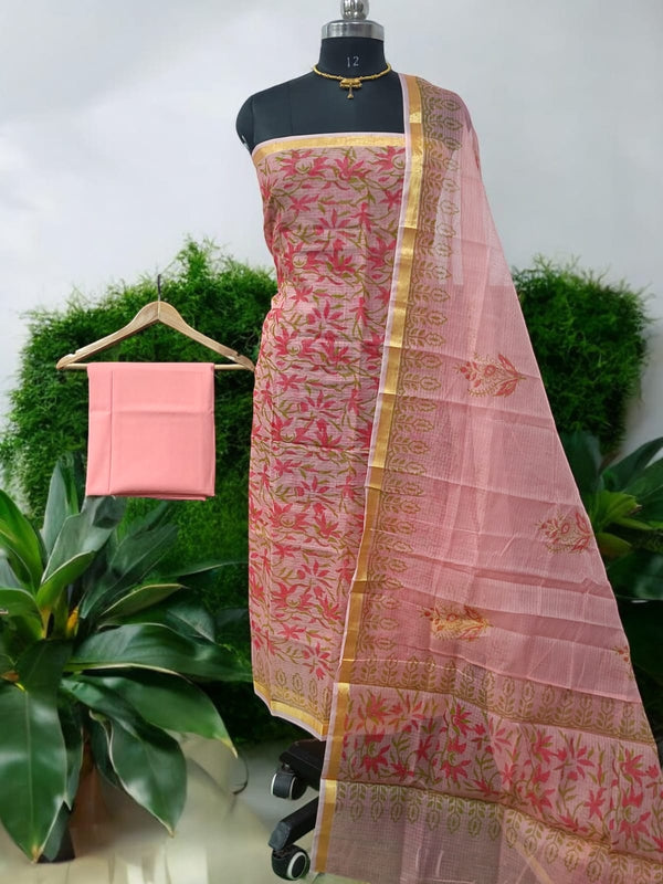 Kota Doria 3 pc Hand Block Print Salwar Suit - Leheriya