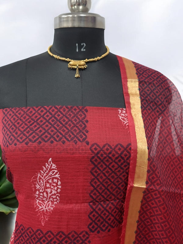 Kota Doria 3 pc Hand Block Print Salwar Suit - Leheriya