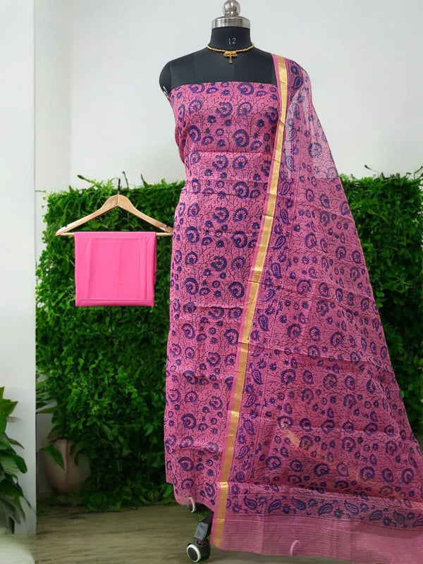Kota Doria 3 pc Hand Block Print Salwar Suit - Leheriya