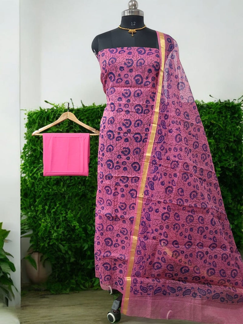 Kota Doria 3 pc Hand Block Print Salwar Suit - Leheriya
