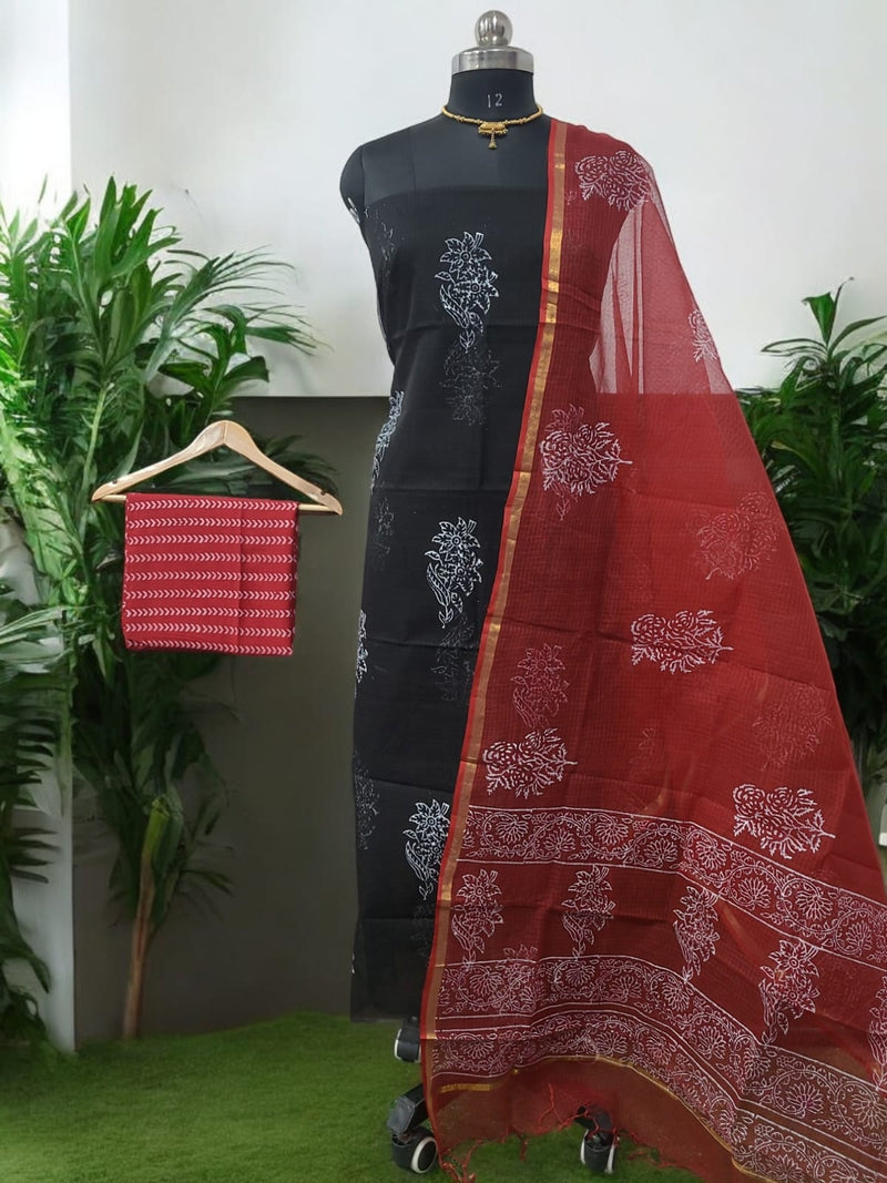 Kota Doria 3 pc Hand Block Print Salwar Suit - Leheriya