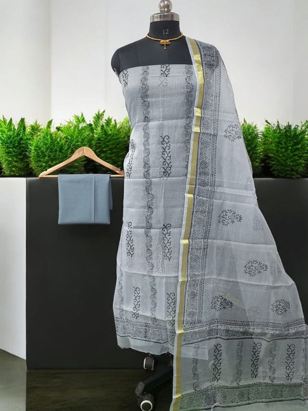 Kota Doria 3 pc Hand Block Print Salwar Suit - Leheriya