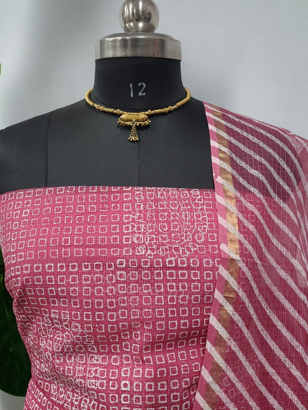 Kota Doria 3 pc Hand Block Print Salwar Suit - Leheriya