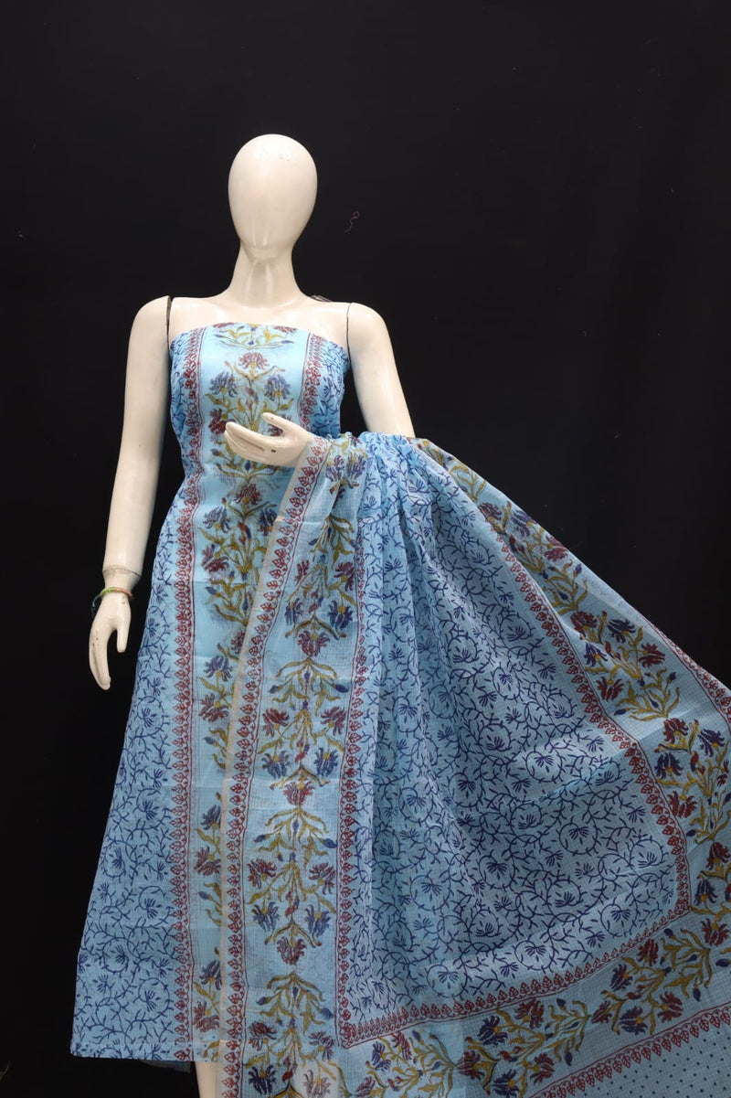 Kota Doria Block Printed 3 pc Salwar Suit - Leheriya