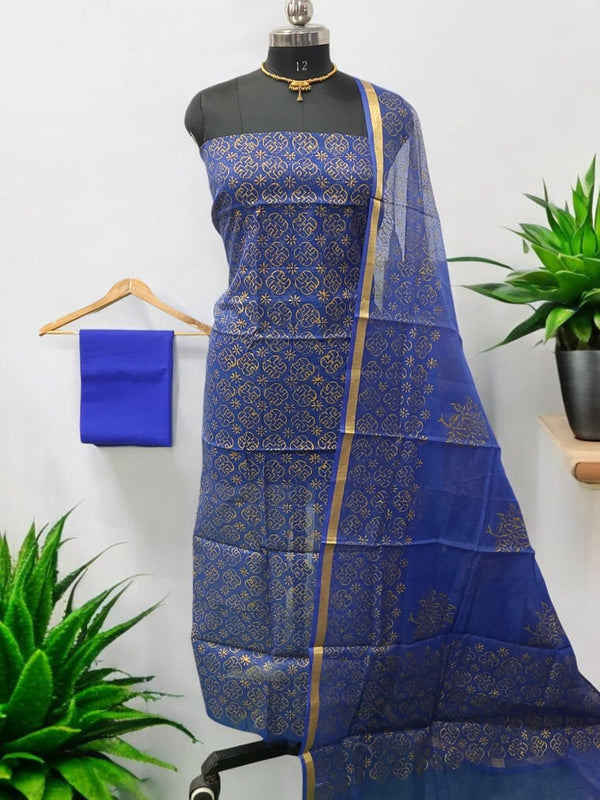 Kota Doria Block Printed 3pc Unstitched Salwar Suit - Leheriya