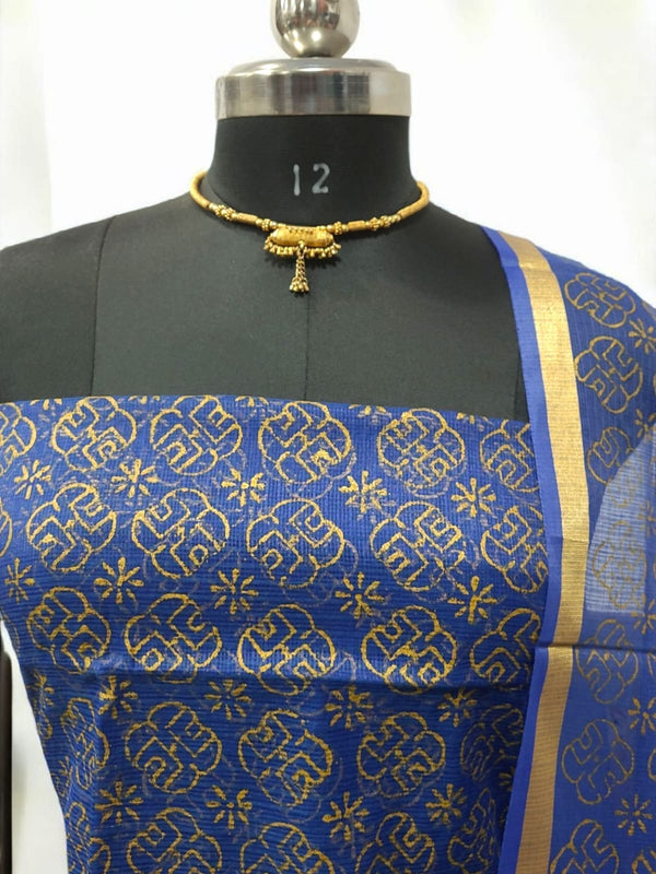 Kota Doria Block Printed 3pc Unstitched Salwar Suit - Leheriya