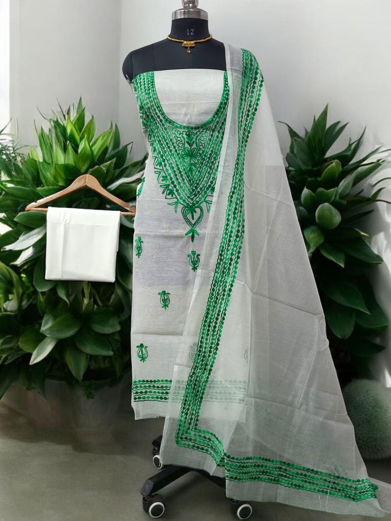 Kota Doria Cotton 3 pc Embroidery - Aari Work Salwar Suit - Leheriya