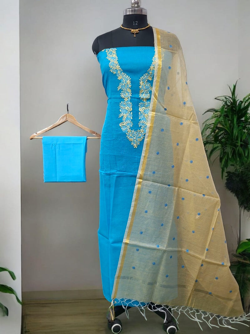Kota Doria Cotton 3 pc Embroidery Print Salwar Suit - Leheriya
