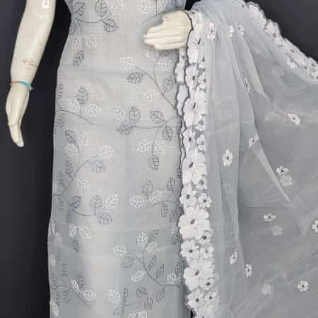 Kota Doria Cotton 3 pc Salwar Suit - Embroidery - Leheriya